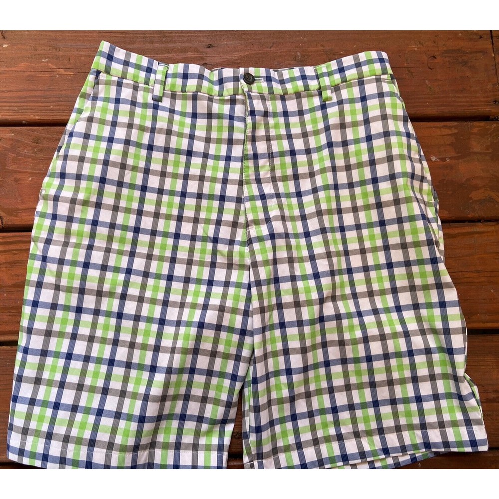 Ralph Lauren CHAPs Golf Blue/Green/Gray Plaid Flat Front 100% Cotton Shorts 36